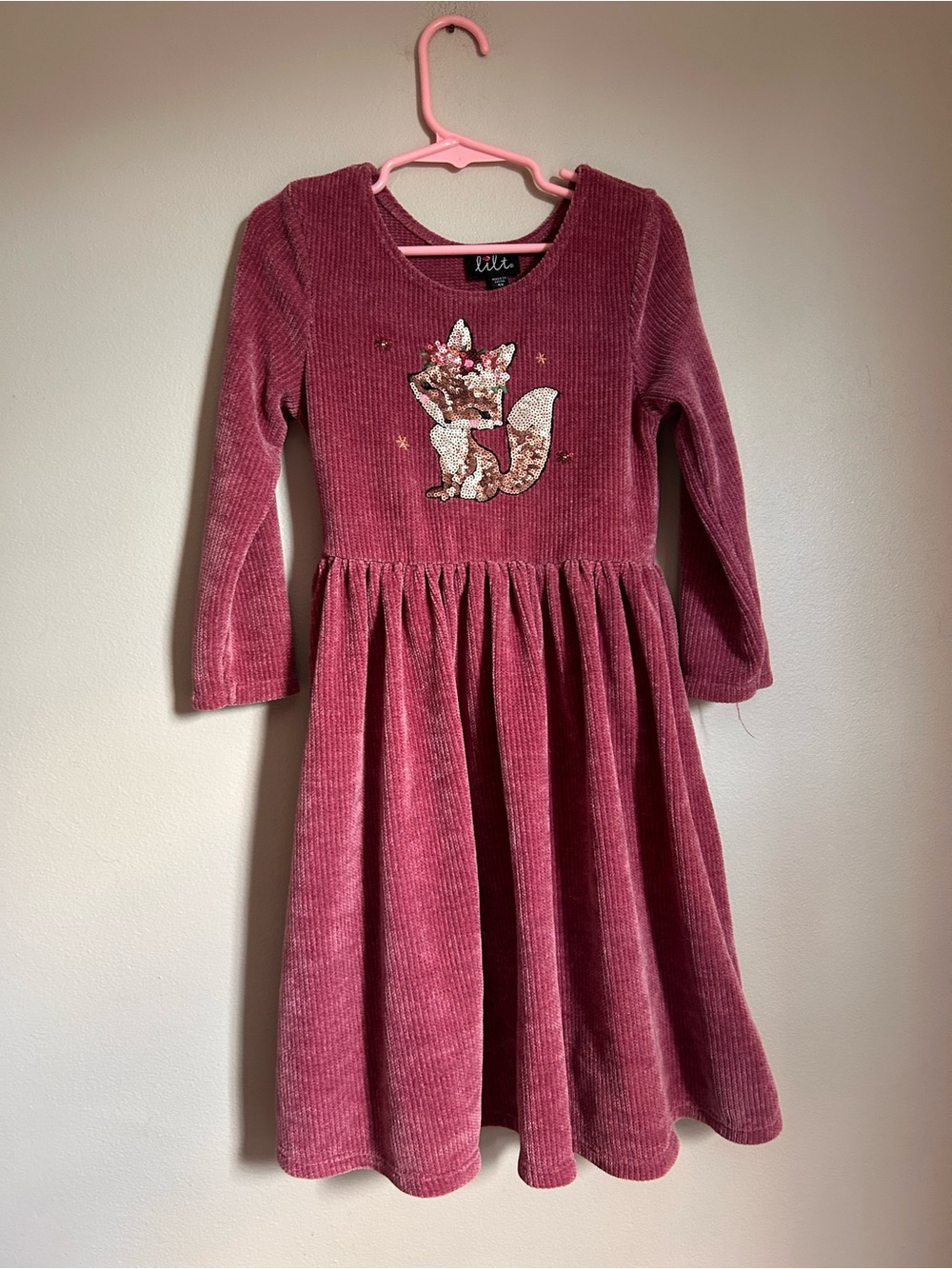 lilt Girls' Dusty Rose Corduroy Dress with Sequin Fox